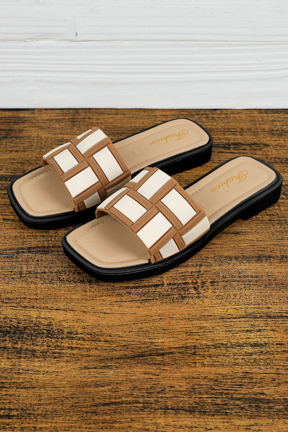 SHEWIN BEIGE CONTRAST PU LEATHER SQUARE TOE SLIDE SHOES