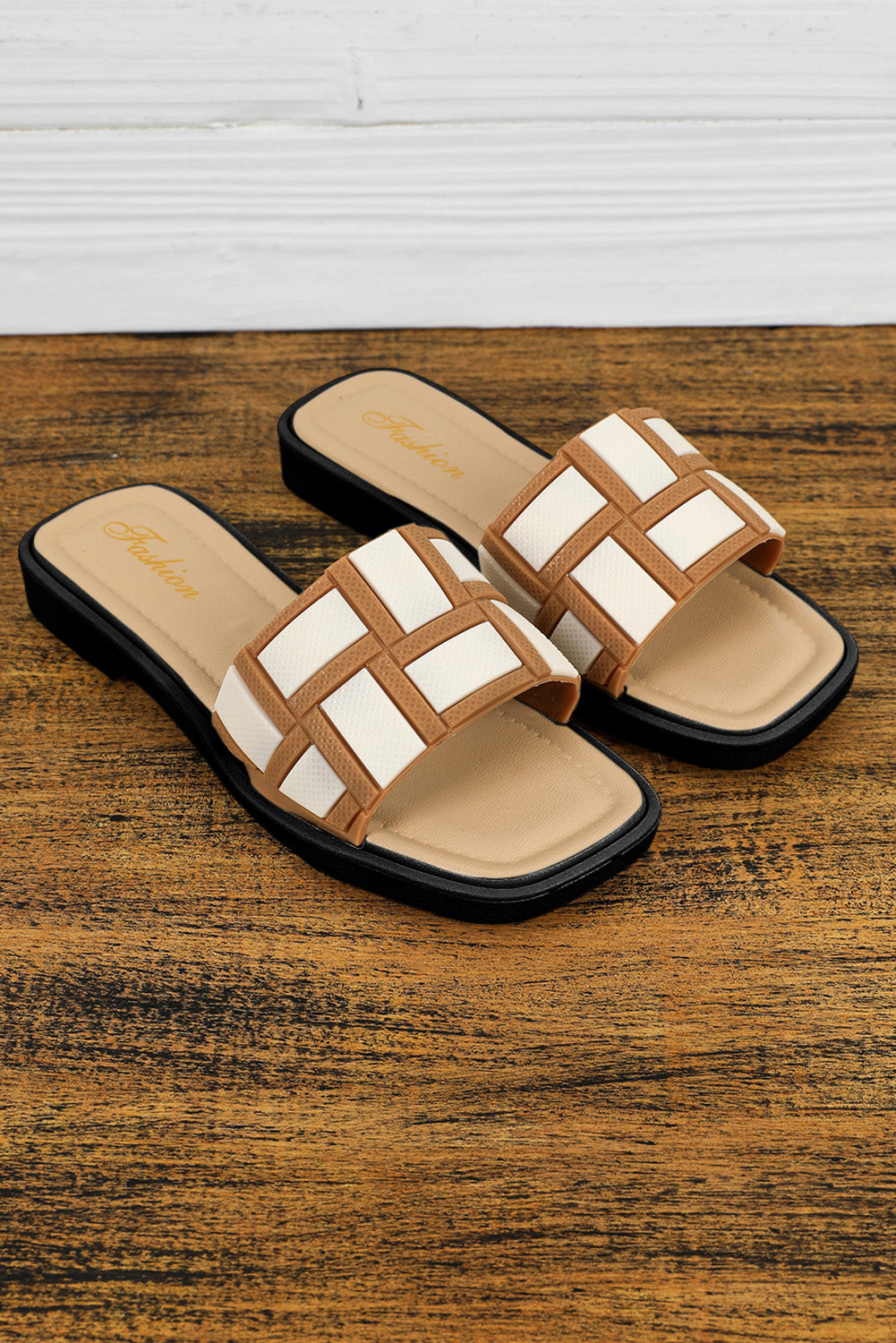 SHEWIN BEIGE CONTRAST PU LEATHER SQUARE TOE SLIDE SHOES