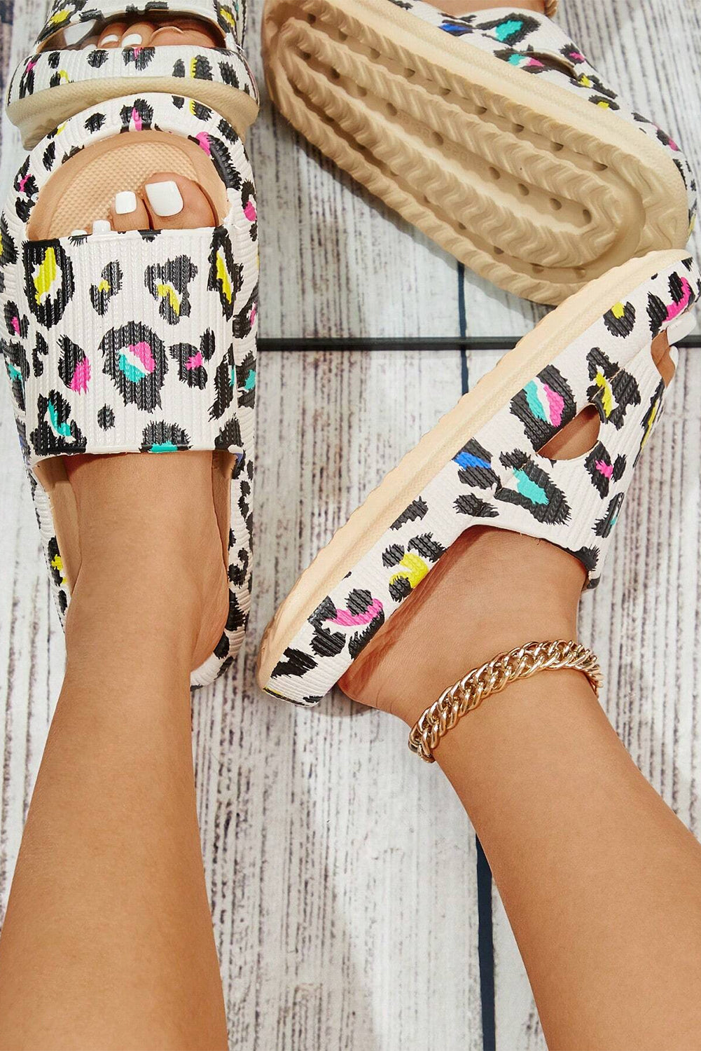 SHEWIN WHITE LEOPARD PRINT OPEN TOE THICK SOLE SLIPPERS