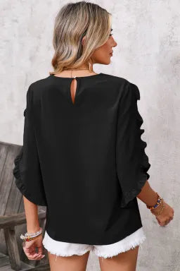 SHEWIN FIERY FRILL TRIM PLAIN TULIP SLEEVE BLOUSE