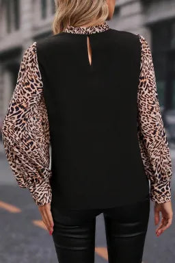 SHEWIN WOMEN BLACK LEOPARD PRINT LANTERN SLEEVE BLOUSE