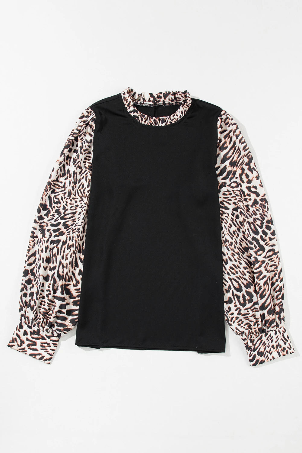 SHEWIN WOMEN BLACK LEOPARD PRINT LANTERN SLEEVE BLOUSE