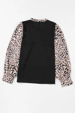 SHEWIN WOMEN BLACK LEOPARD PRINT LANTERN SLEEVE BLOUSE