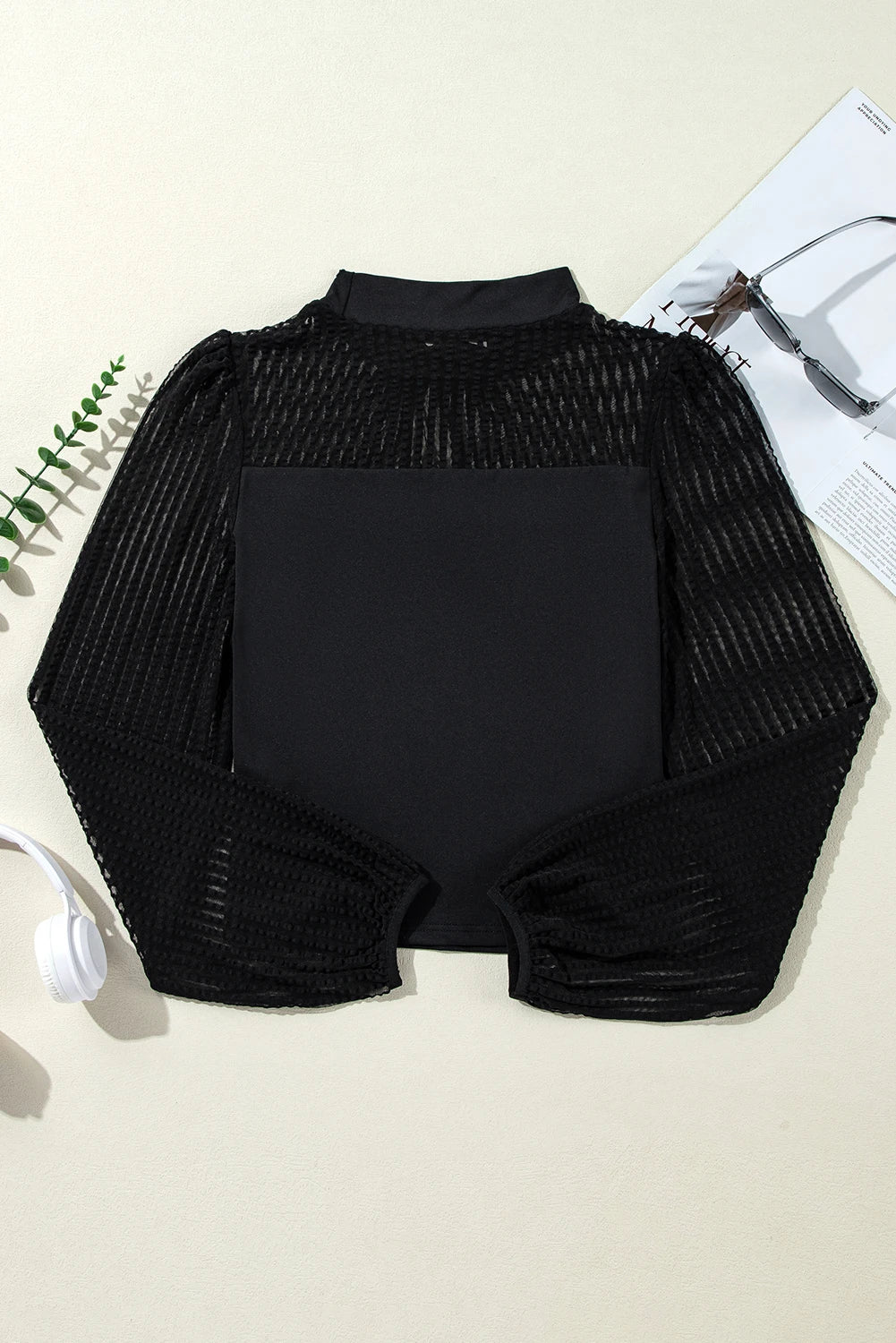 SHEWIN WOMENS BLACK STAND COLLAR STRIPED MESH LANTERN SLEEVE TOP