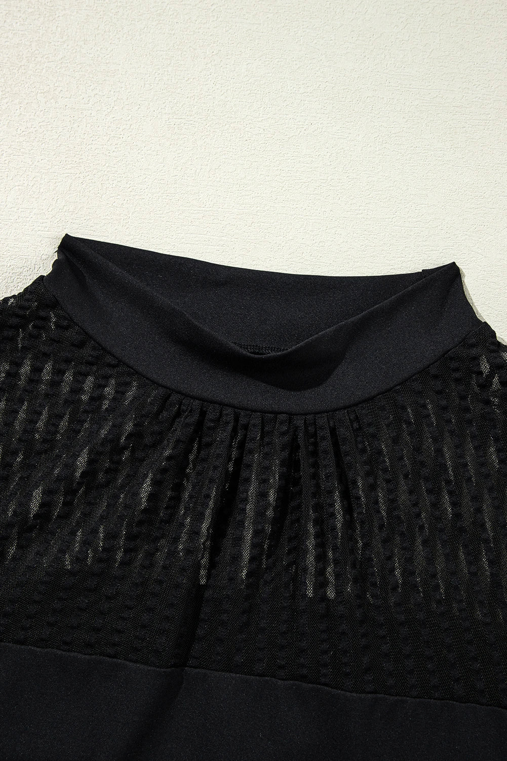 SHEWIN WOMENS BLACK STAND COLLAR STRIPED MESH LANTERN SLEEVE TOP