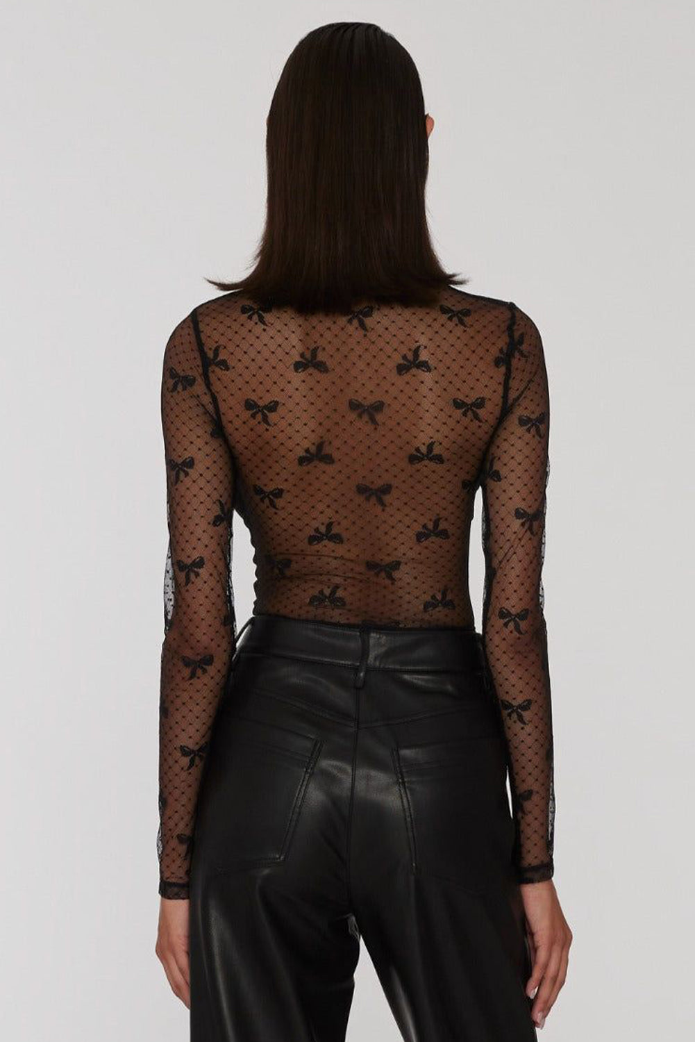 SHEWIN WOMEN BLACK DOTTED BOW PATTERN MESH LONG SLEEVE TOP