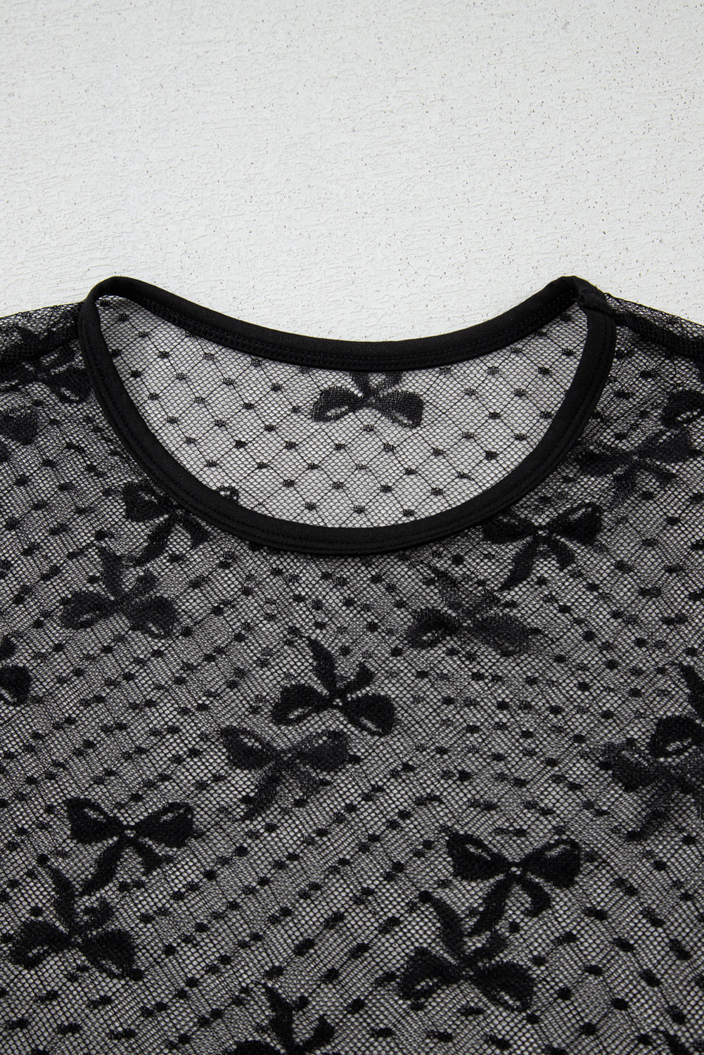 SHEWIN WOMEN BLACK DOTTED BOW PATTERN MESH LONG SLEEVE TOP