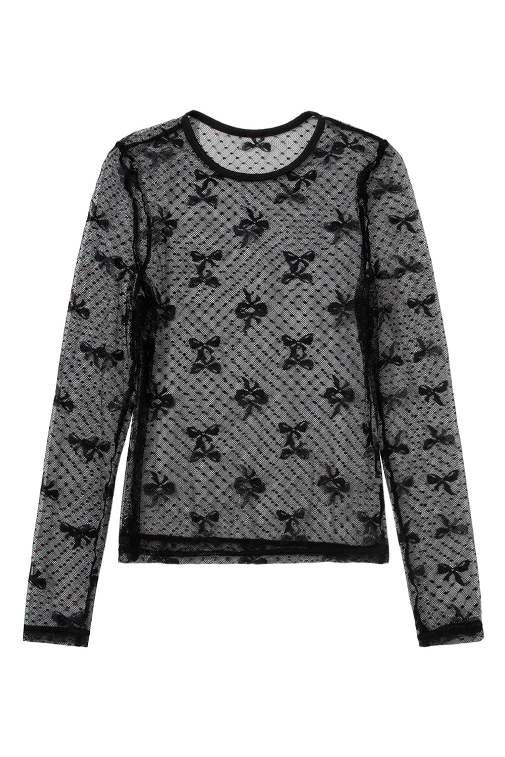 SHEWIN WOMEN BLACK DOTTED BOW PATTERN MESH LONG SLEEVE TOP