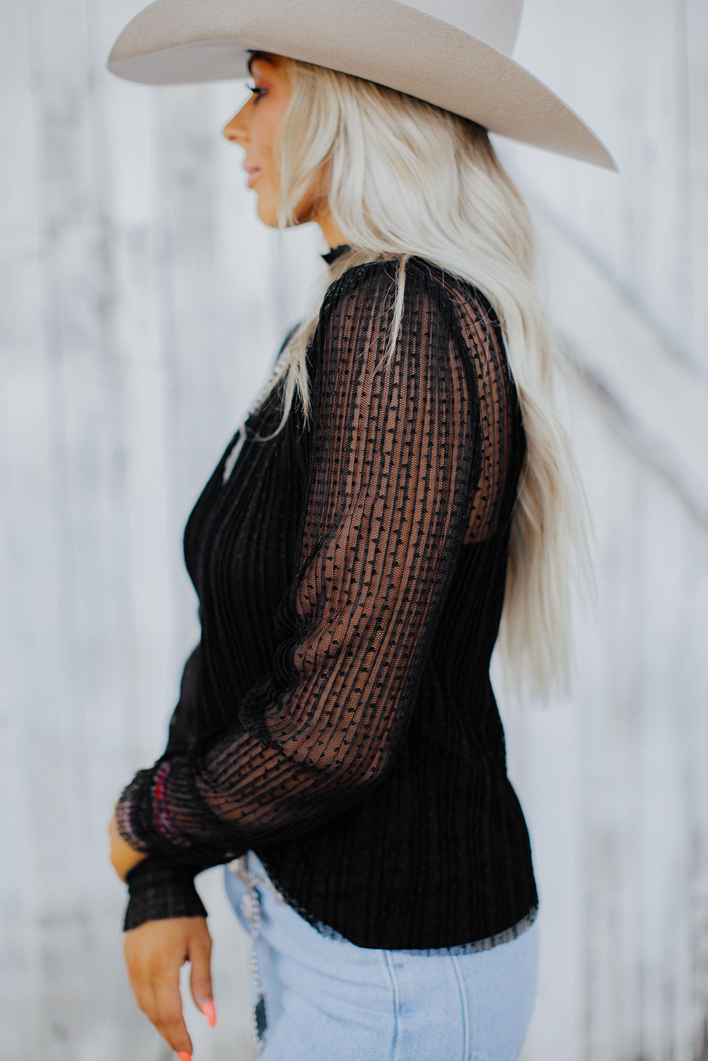 SHEWIN WOMEN BLACK DOTTY LACE LONG SLEEVE MOCK NECK SHEER TOP.