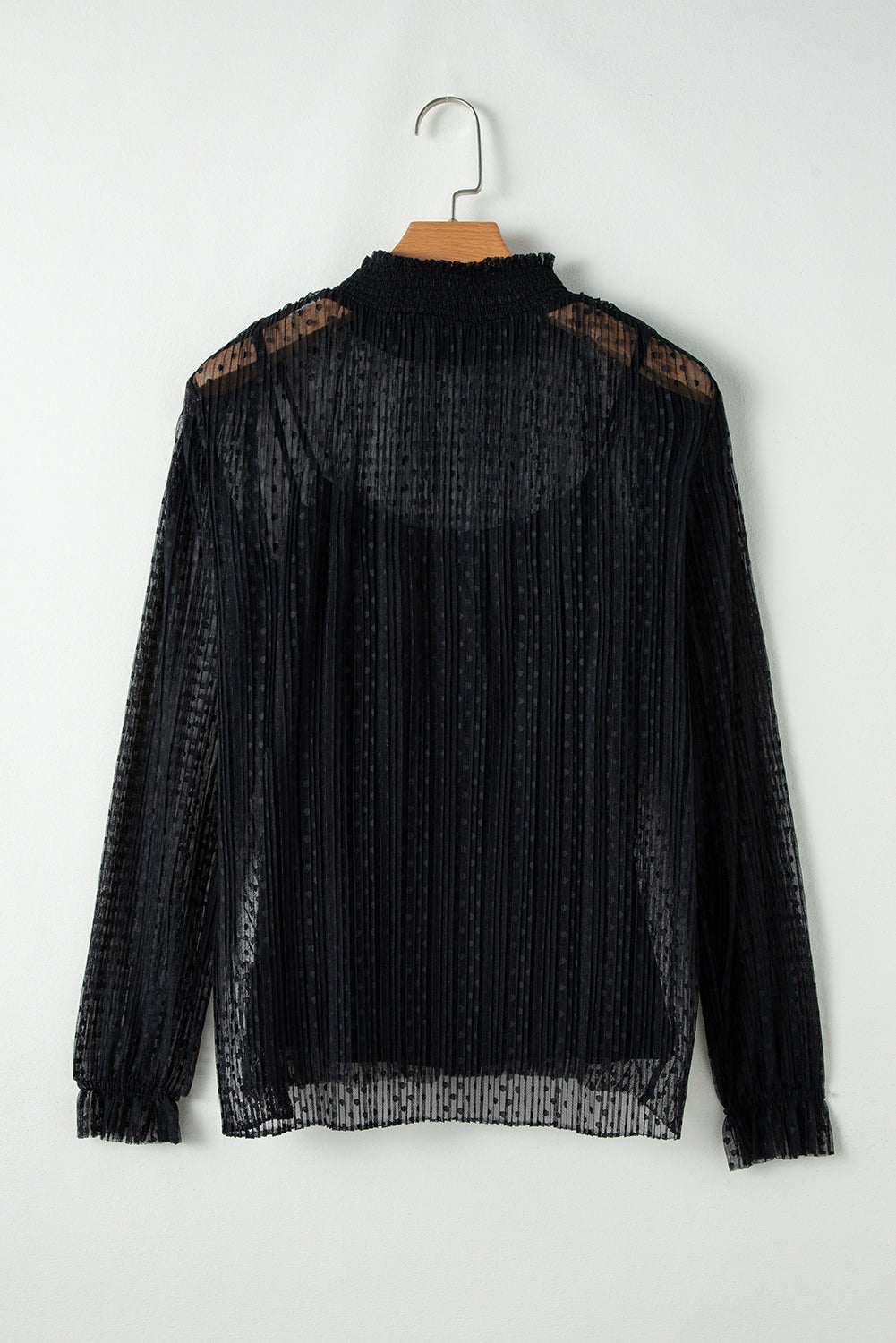 SHEWIN WOMEN BLACK DOTTY LACE LONG SLEEVE MOCK NECK SHEER TOP.