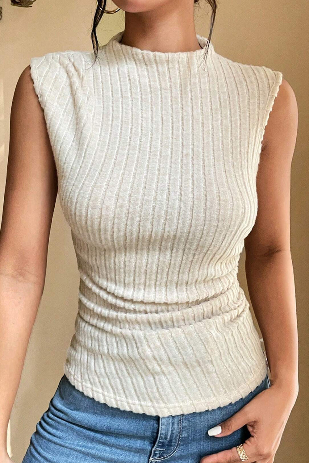 SHEWIN WOMEN APRICOT RIBBED KNIT MOCK NECK TANK TOP
