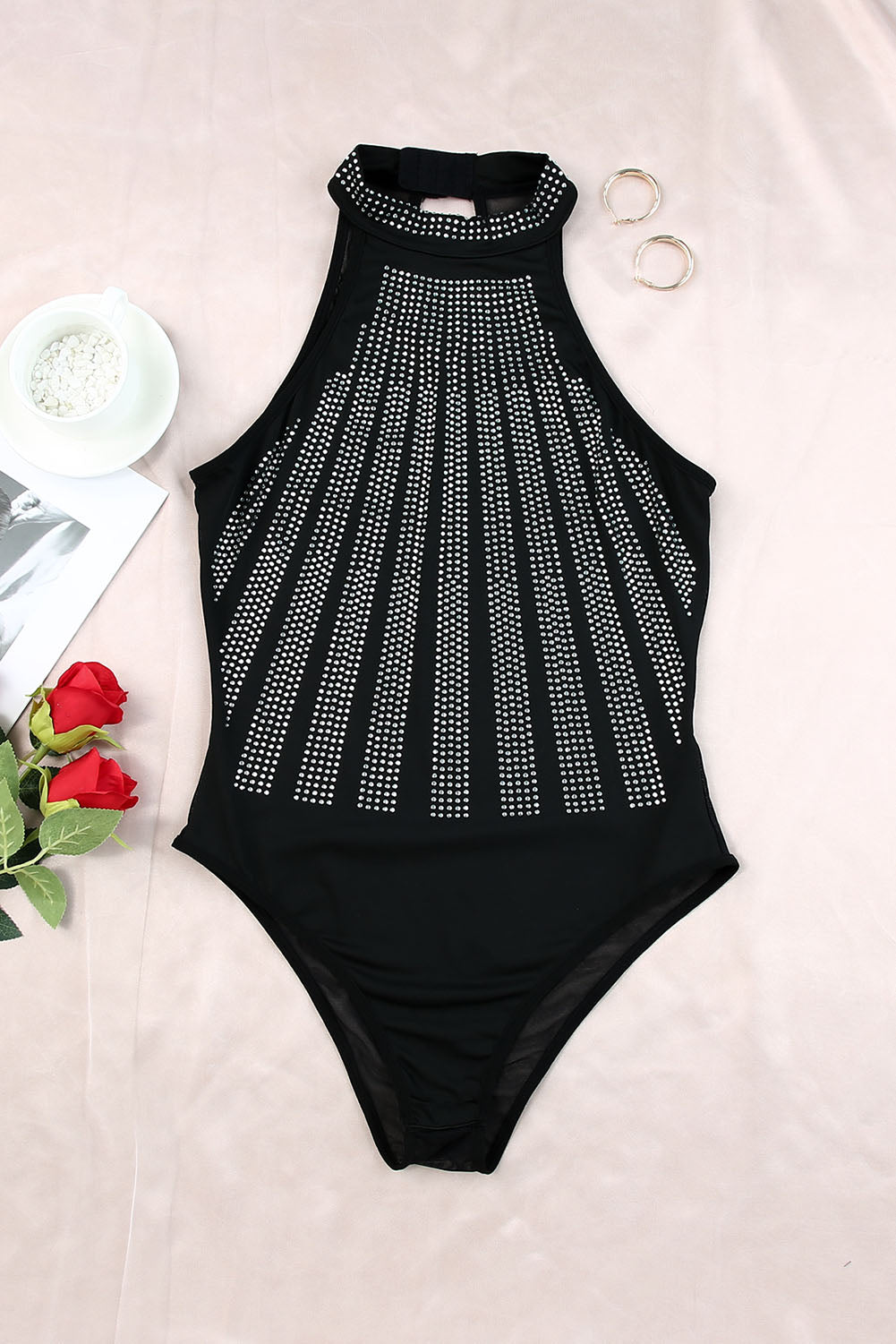 SHEWIN WOMEN BLACK SEXY RHINESTONE SLEEVELESS HIGH NECK BODYSUIT