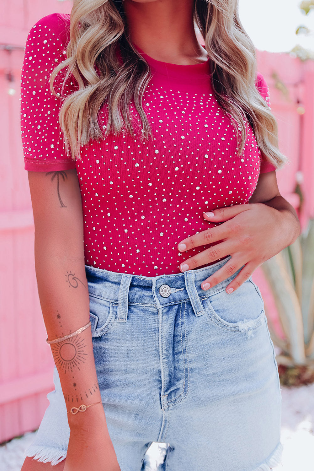 SHEWIN WOMEN ROSE RHINESTONE ALLOVER ROUND NECK SHORT SLEEVE BODYSUIT