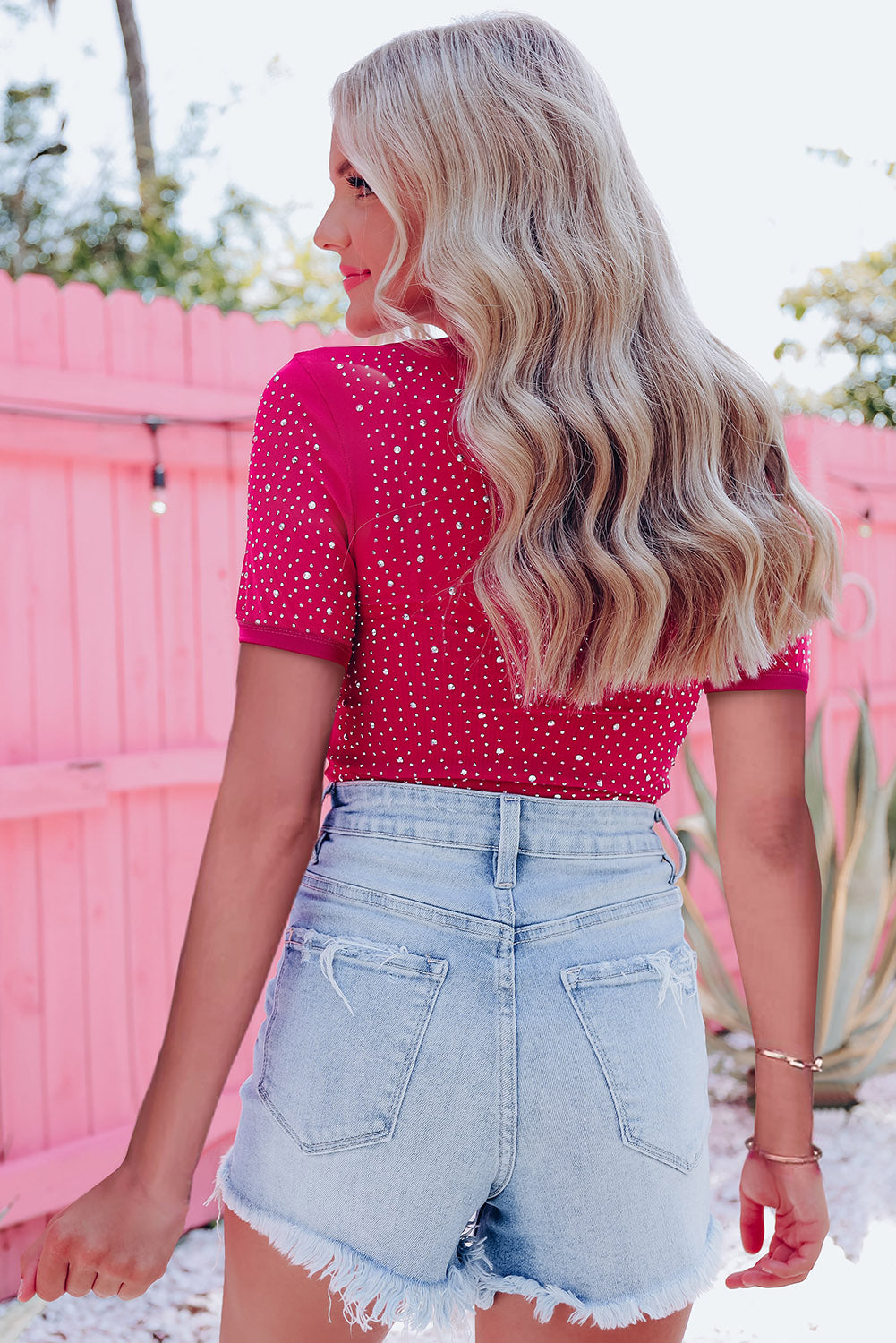 SHEWIN WOMEN ROSE RHINESTONE ALLOVER ROUND NECK SHORT SLEEVE BODYSUIT