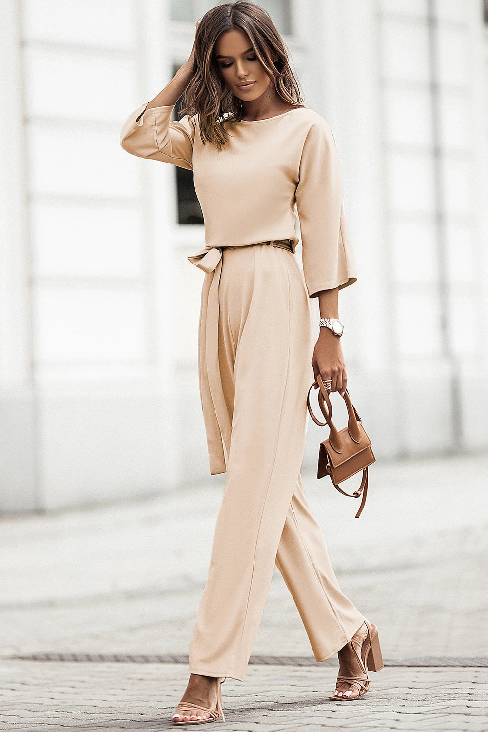 SHEWIN WOMENS APRICOT BOAT NECK KNOT WIDE LEG JUMPSUIT