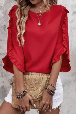 SHEWIN FIERY FRILL TRIM PLAIN TULIP SLEEVE BLOUSE