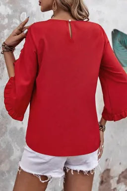 SHEWIN FIERY FRILL TRIM PLAIN TULIP SLEEVE BLOUSE