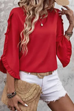 SHEWIN FIERY FRILL TRIM PLAIN TULIP SLEEVE BLOUSE