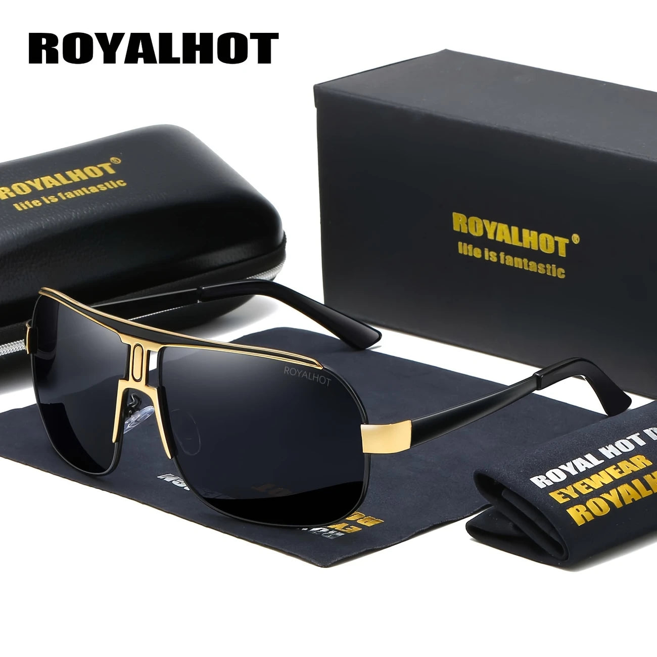 ROYALHOT MEN BLACK W/GOLD RIM POLARIZED SQUARE SUNGLASSES