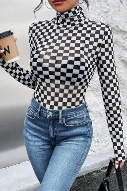 SHEWIN WOMEN BLACK CHECKERED PRINT LONG SLEEVE MOCK NECK BODYSUIT