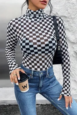 SHEWIN WOMEN BLACK CHECKERED PRINT LONG SLEEVE MOCK NECK BODYSUIT