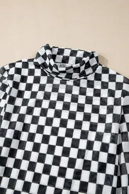 SHEWIN WOMEN BLACK CHECKERED PRINT LONG SLEEVE MOCK NECK BODYSUIT