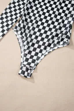 SHEWIN WOMEN BLACK CHECKERED PRINT LONG SLEEVE MOCK NECK BODYSUIT