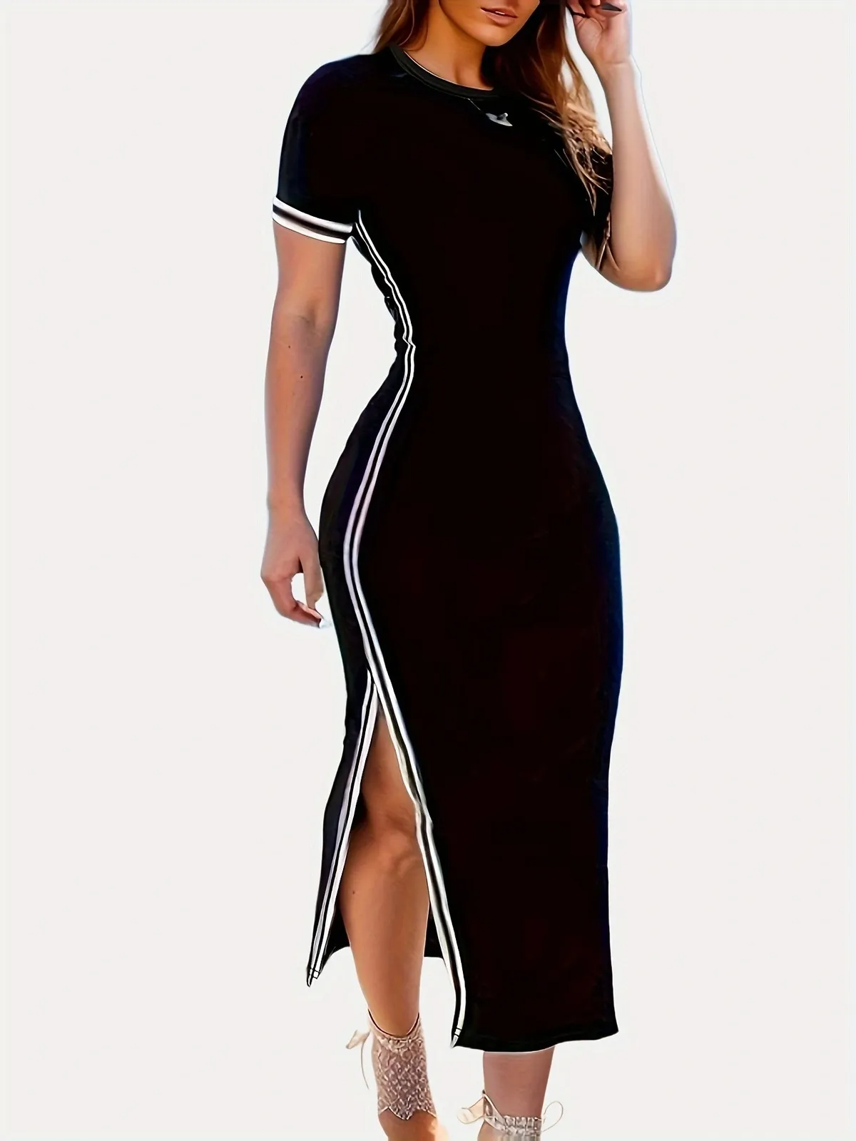PHILLYS TREASURE WOMEN ROUND NECK SHORT SLEEVE ONE SIDE SPLIT DRESS