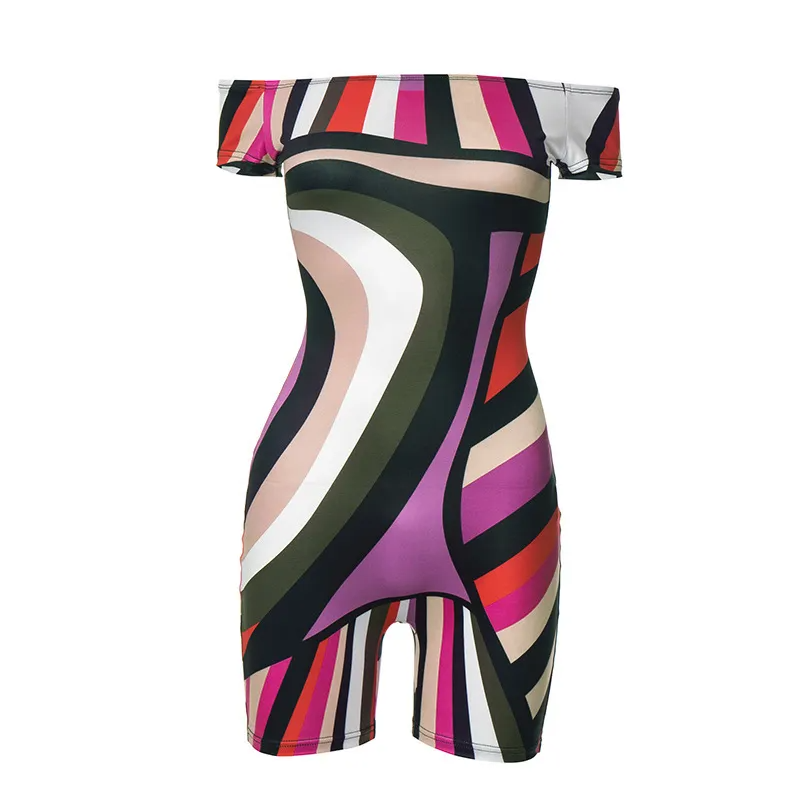 PHILLYS TREASURE WOMEN MULTICOLOR PRINT SHORT-SLEEVED OFF-SHOULDER SLIM-FIT ROMPERS