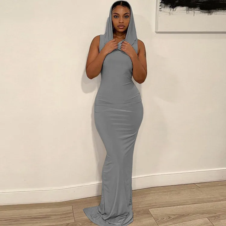 PHILLYS TREASURE WOMEN HOODED ELASTIC SLEEVELESS SLIM DRESS