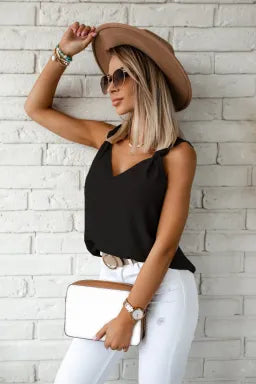 SHEWIN WOMEN V NECK KNOTTED SHOULDER SLEEVELESS TOP.