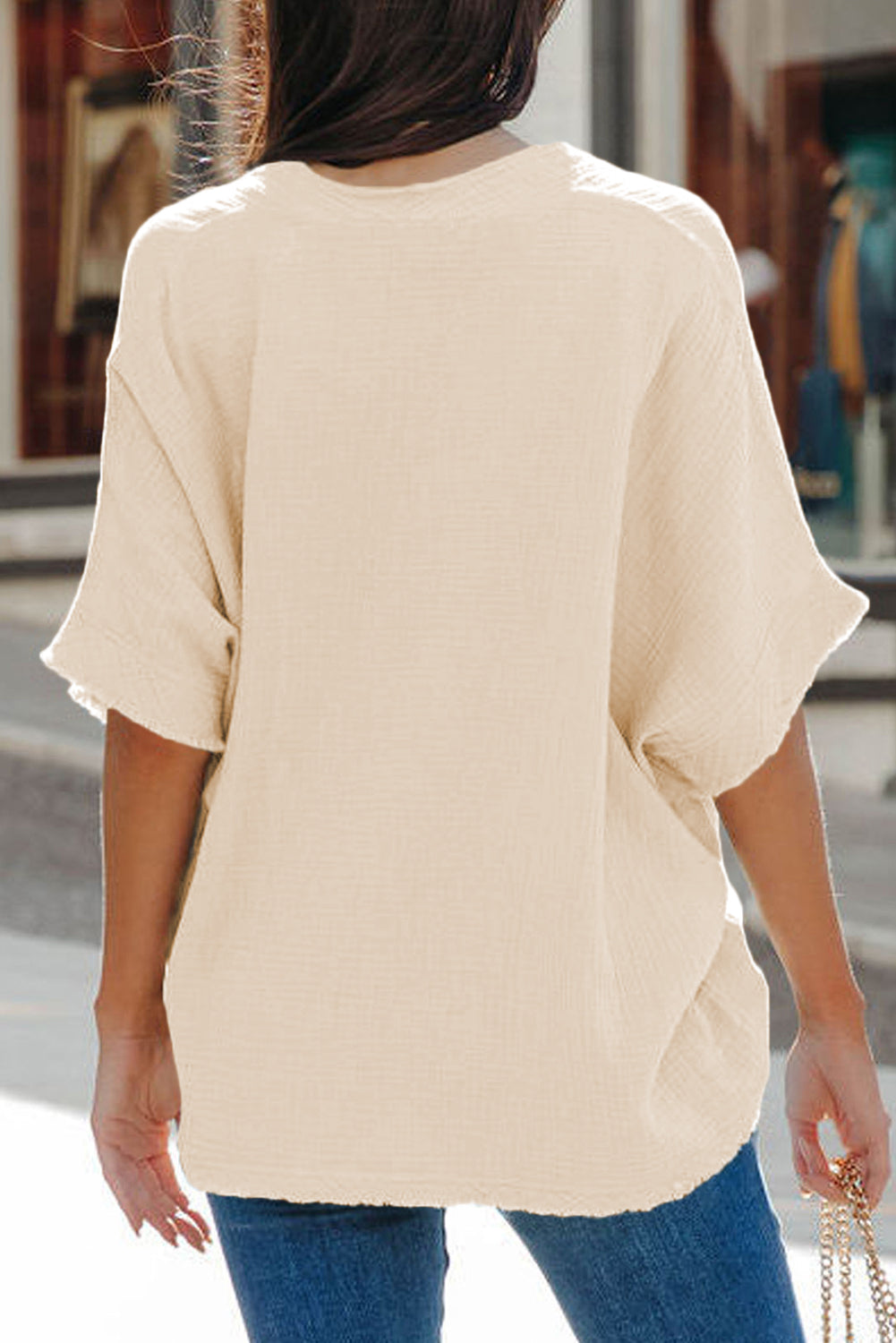 Sky Blue Frayed Batwing Sleeve Textured Cotton Blouse