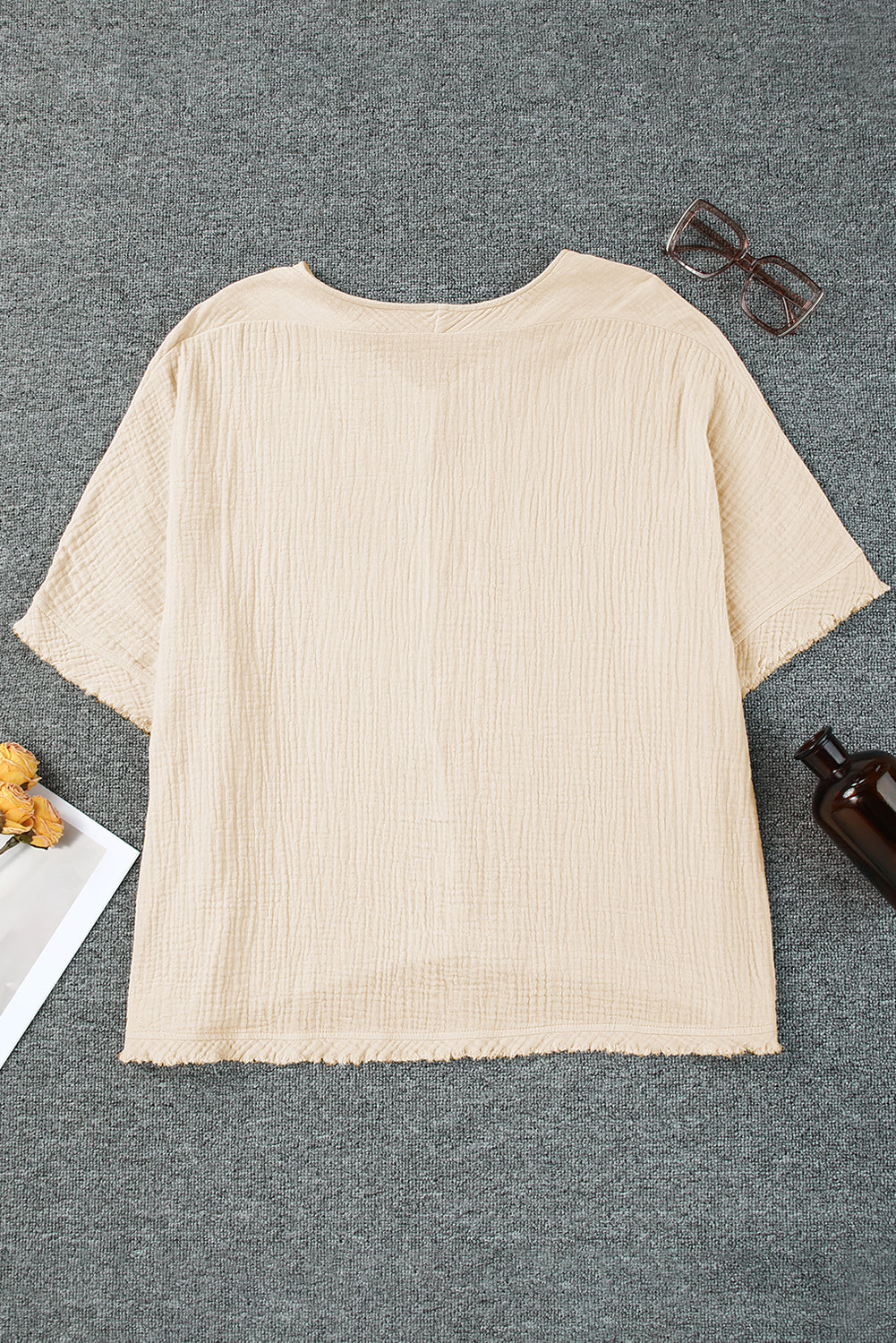 Sky Blue Frayed Batwing Sleeve Textured Cotton Blouse