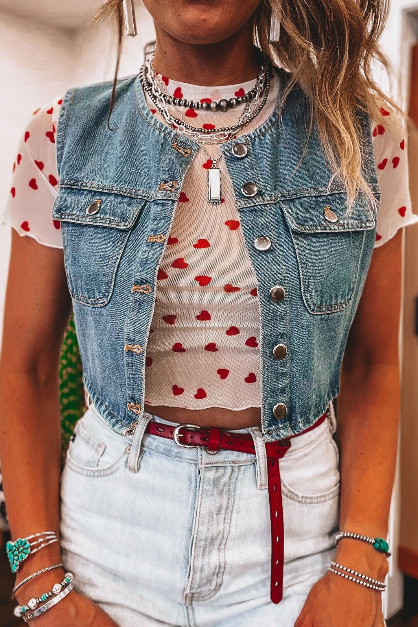 Pink Allover Heart Print Mesh Short Sleeve Top