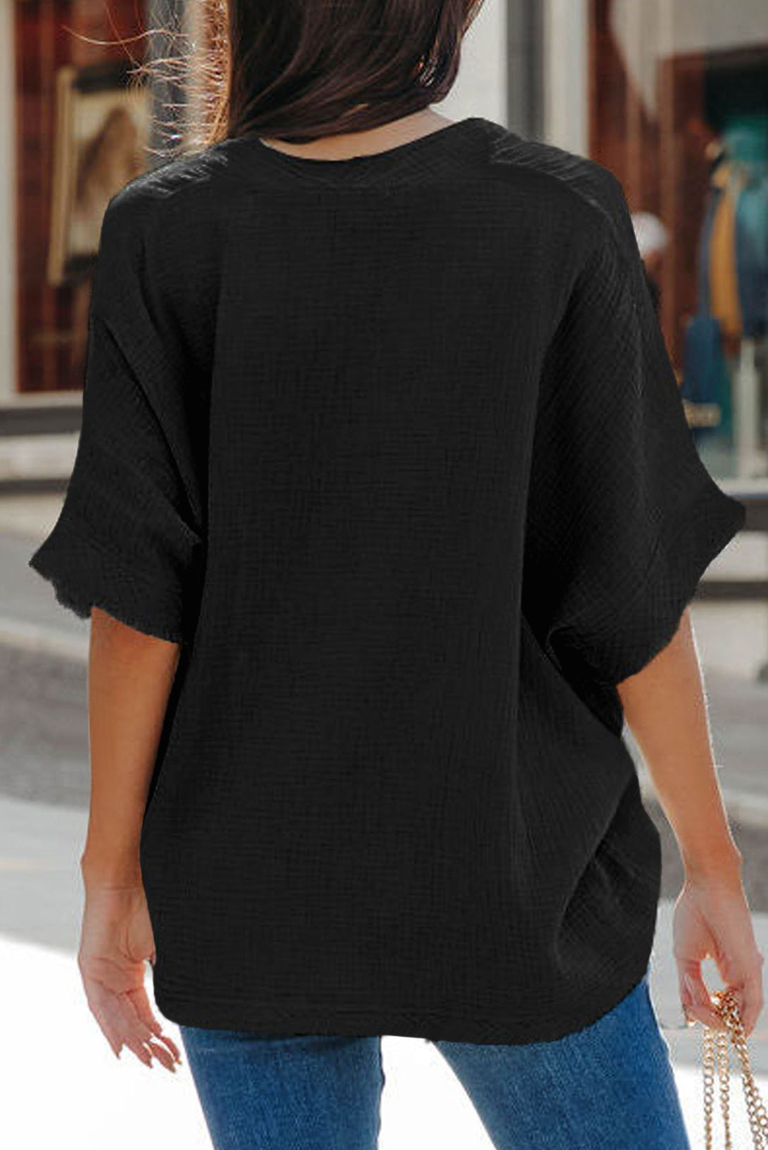 Sky Blue Frayed Batwing Sleeve Textured Cotton Blouse