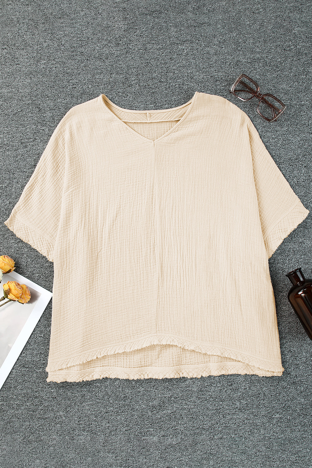 Sky Blue Frayed Batwing Sleeve Textured Cotton Blouse