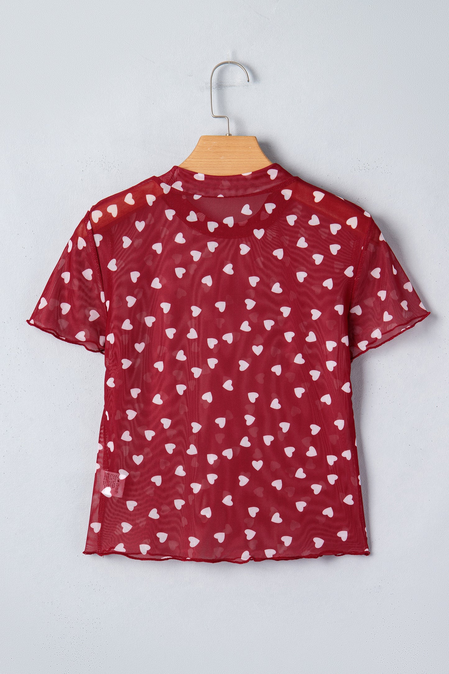 Pink Allover Heart Print Mesh Short Sleeve Top