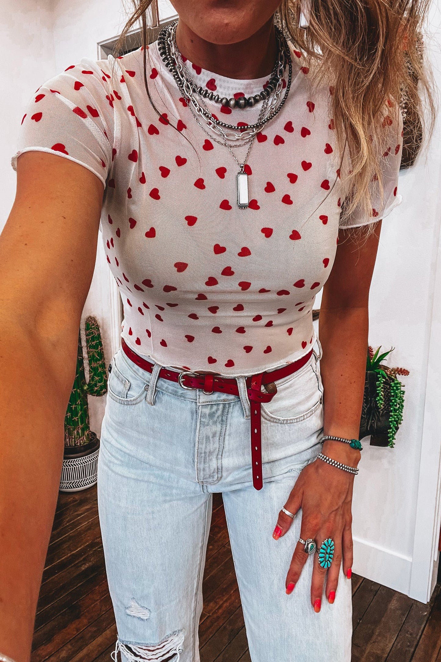 Pink Allover Heart Print Mesh Short Sleeve Top