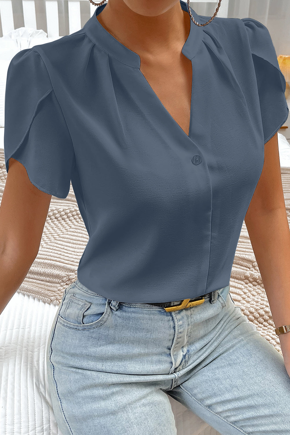 Beige Silky Notched Neckline Petal Sleeve Blouse Shewin