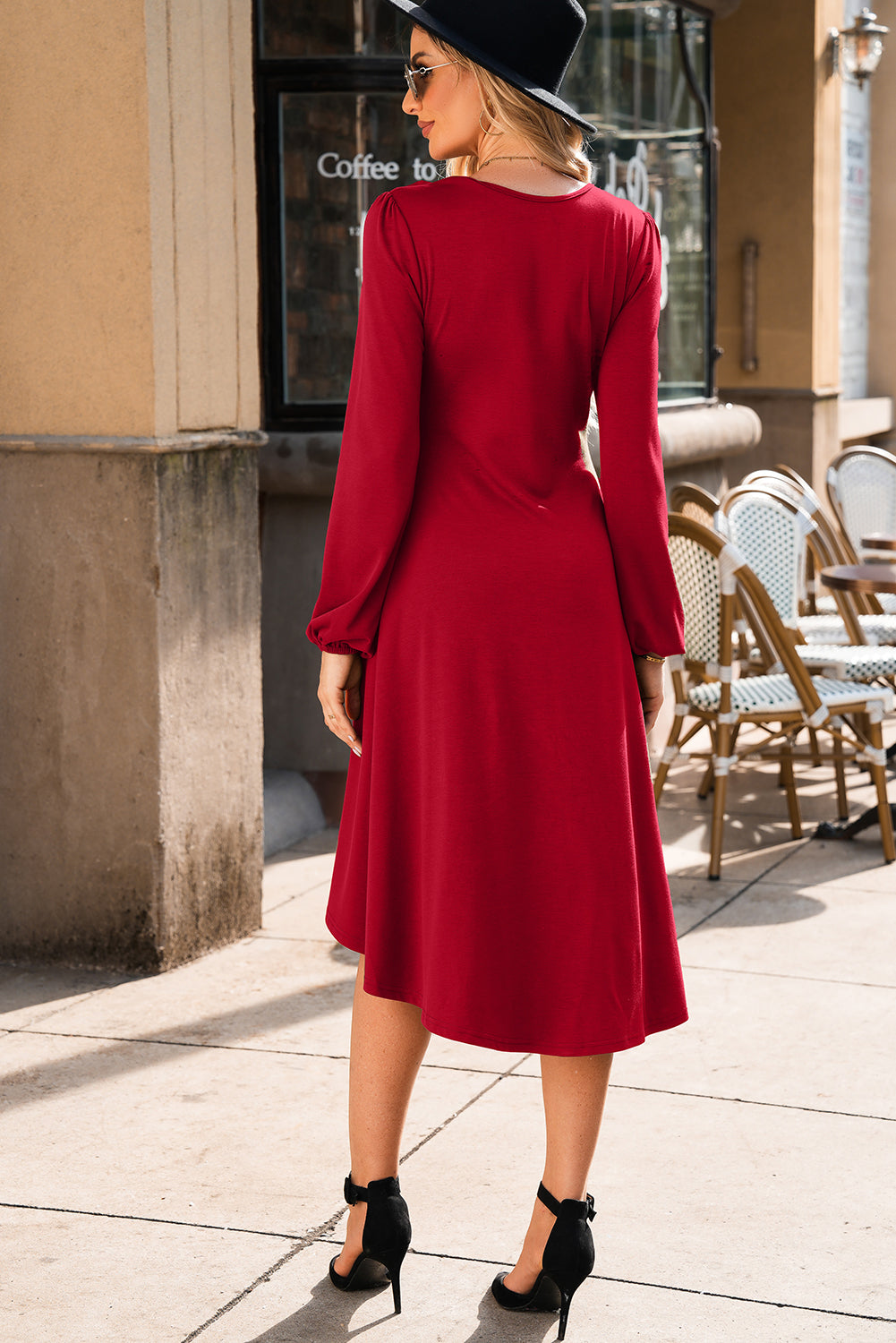 Fiery Red Solid Color Ruched Detail Long Sleeve Midi Dress Shewin