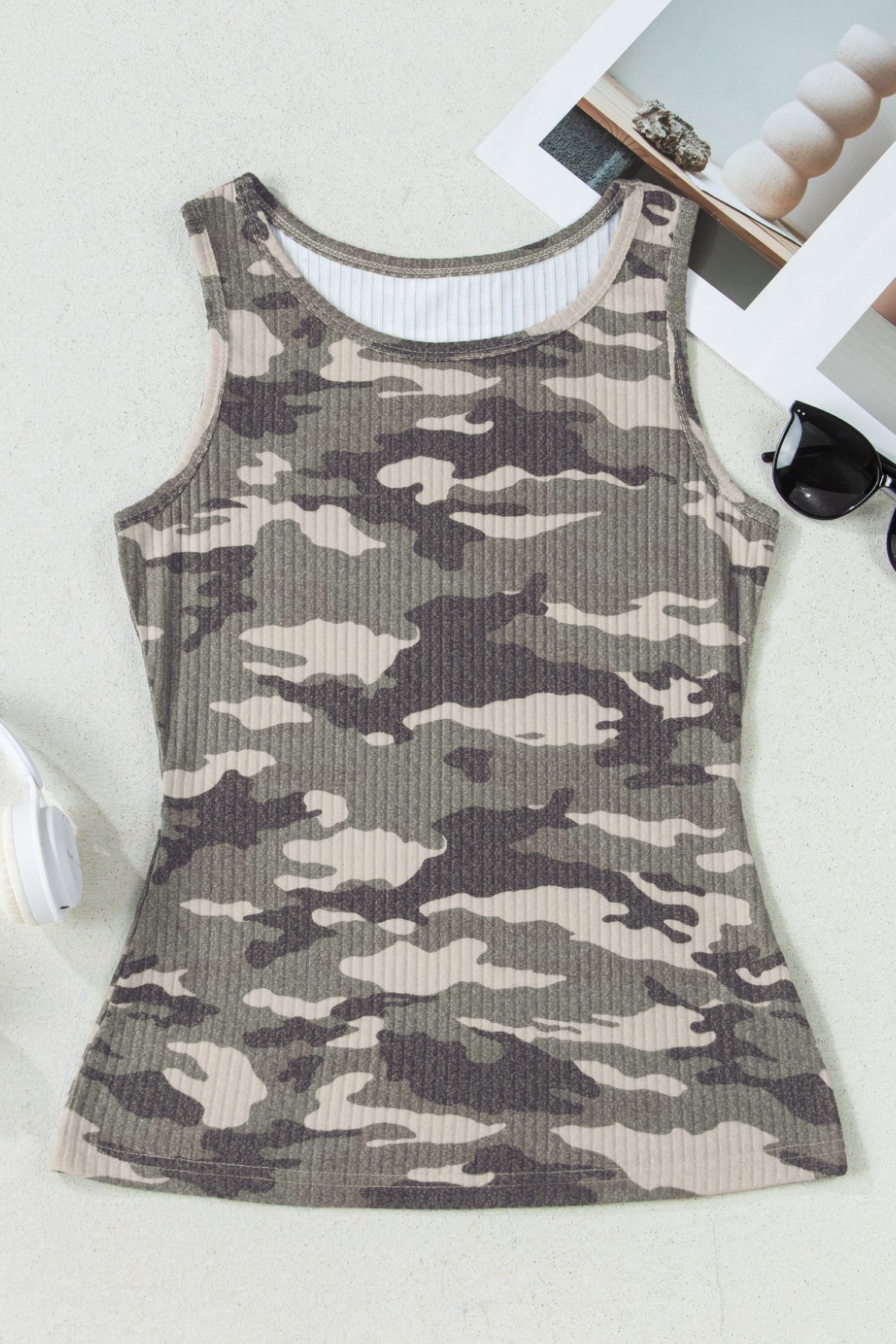Green Camouflage Print Ribbed Knit Round Neck Tank Top Shewin