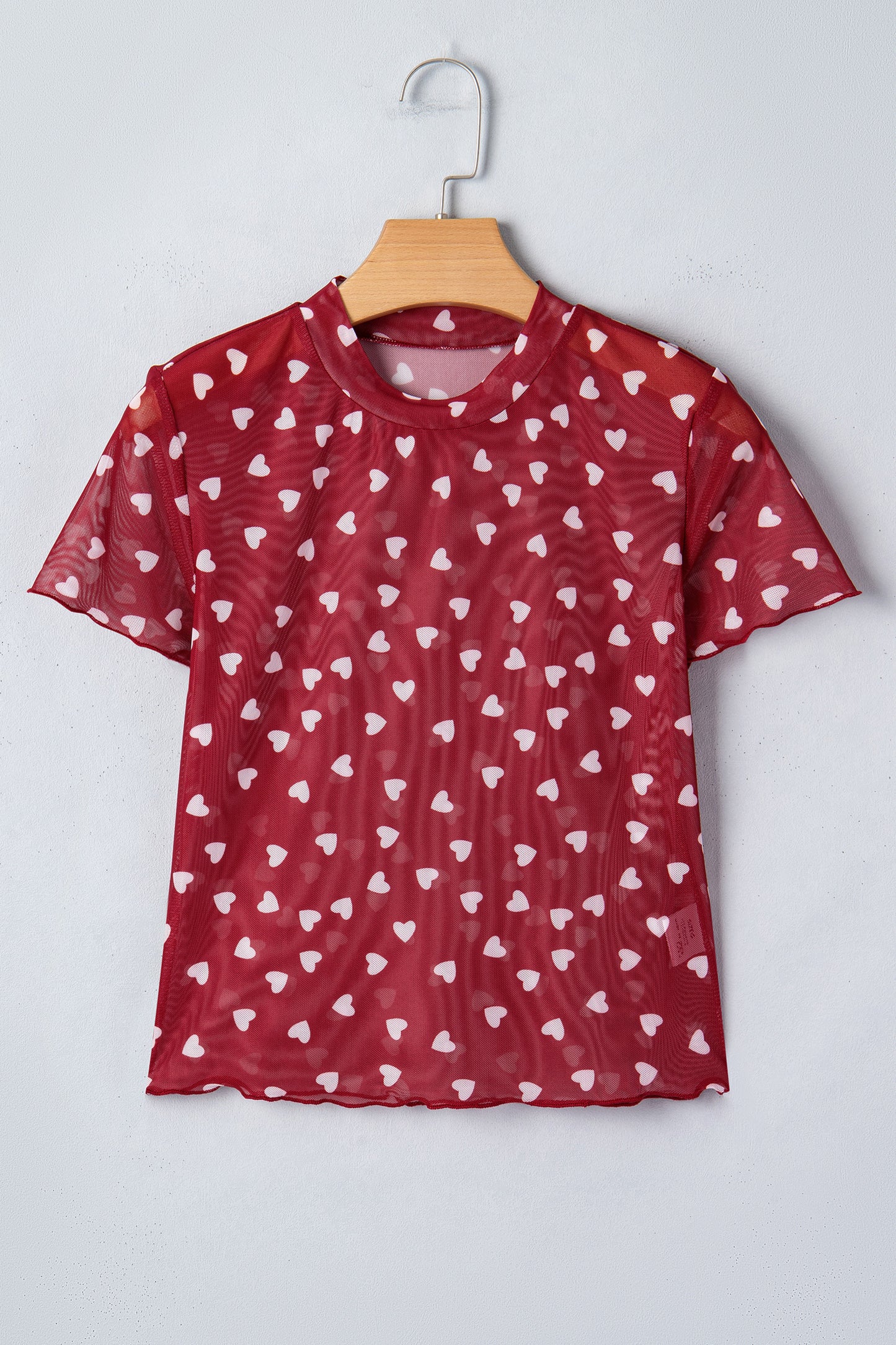Pink Allover Heart Print Mesh Short Sleeve Top