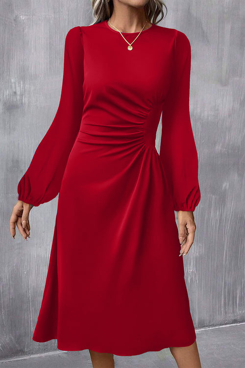 Fiery Red Solid Color Ruched Detail Long Sleeve Midi Dress Shewin