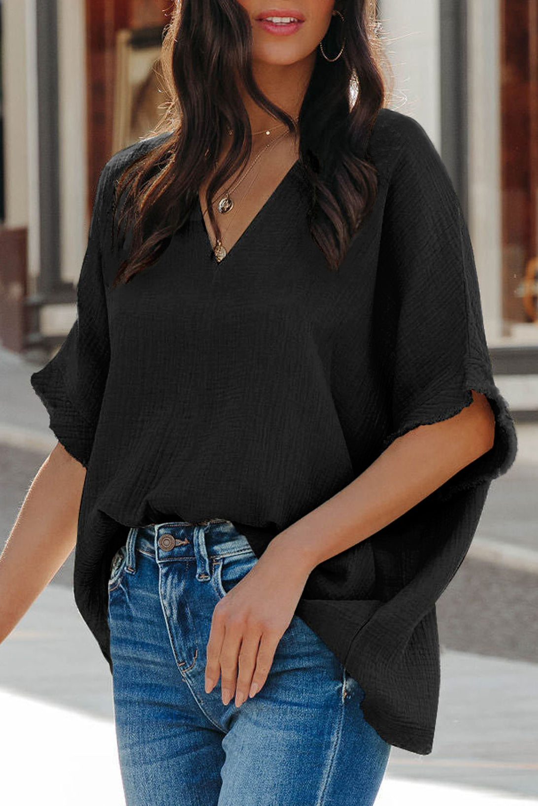 Sky Blue Frayed Batwing Sleeve Textured Cotton Blouse