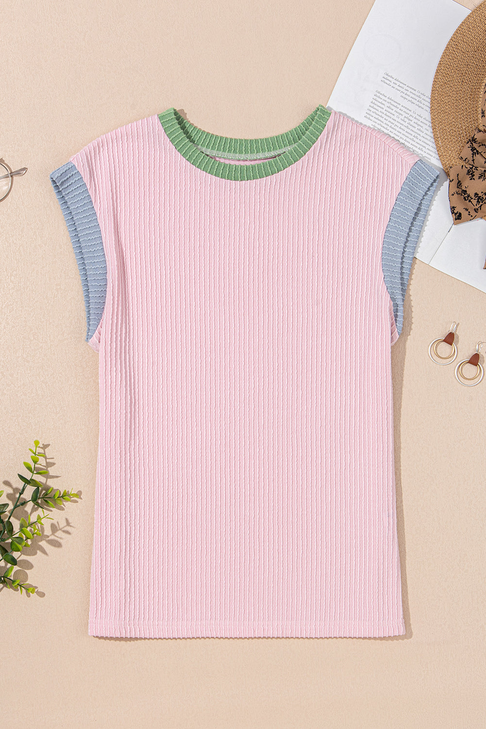 Apricot Color Block Corded Knit Crew Neck Tee