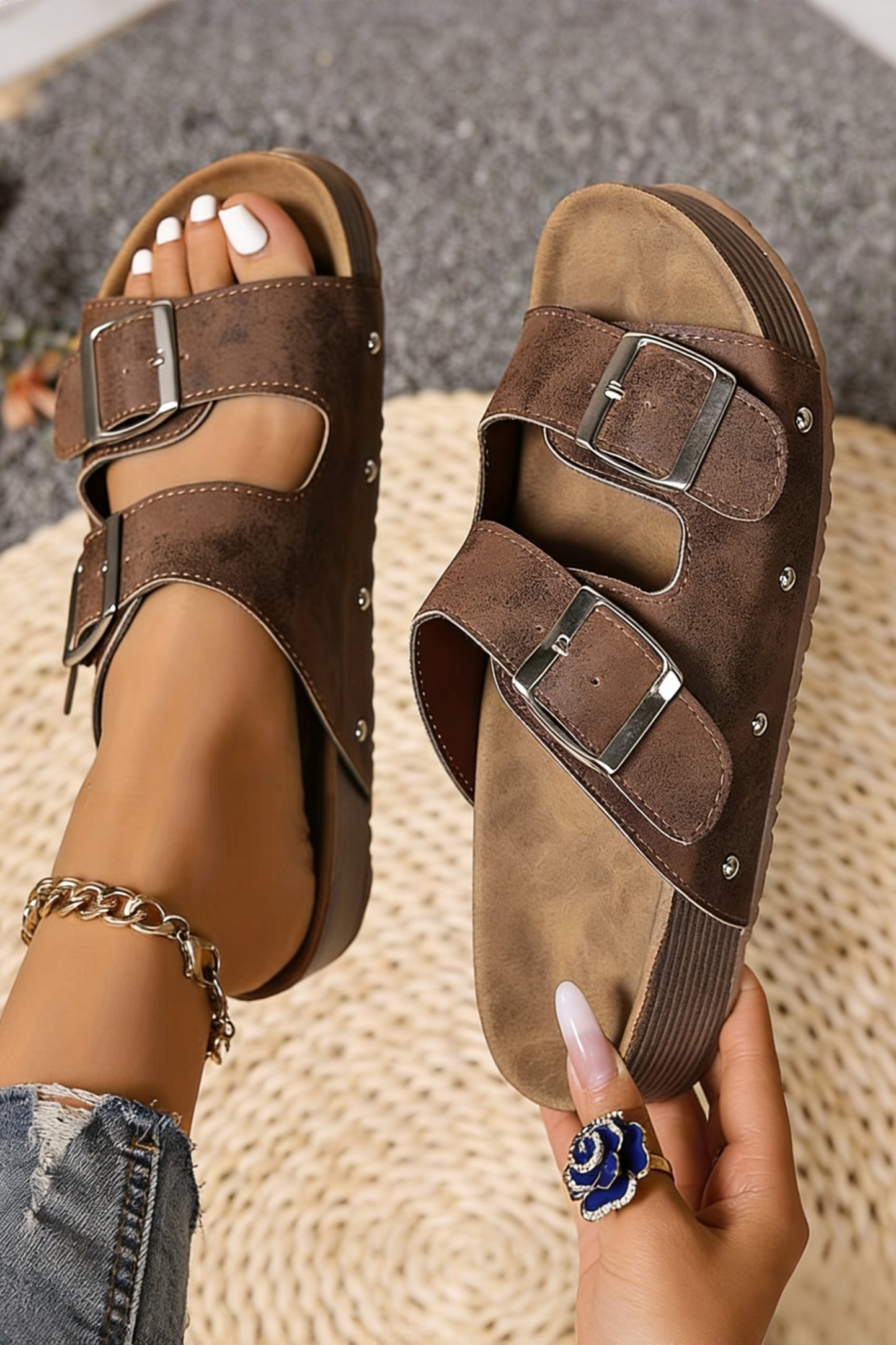Coffee Retro Double Buckle PU Leather Faux Suede Platform Slippers