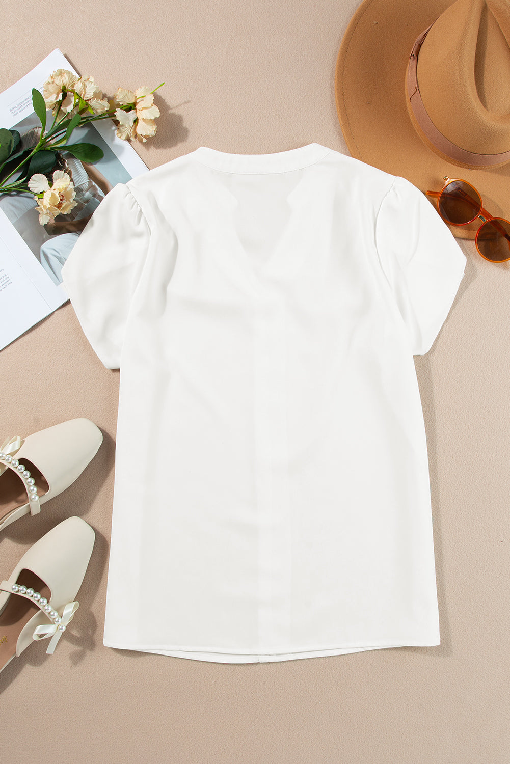 Beige Silky Notched Neckline Petal Sleeve Blouse