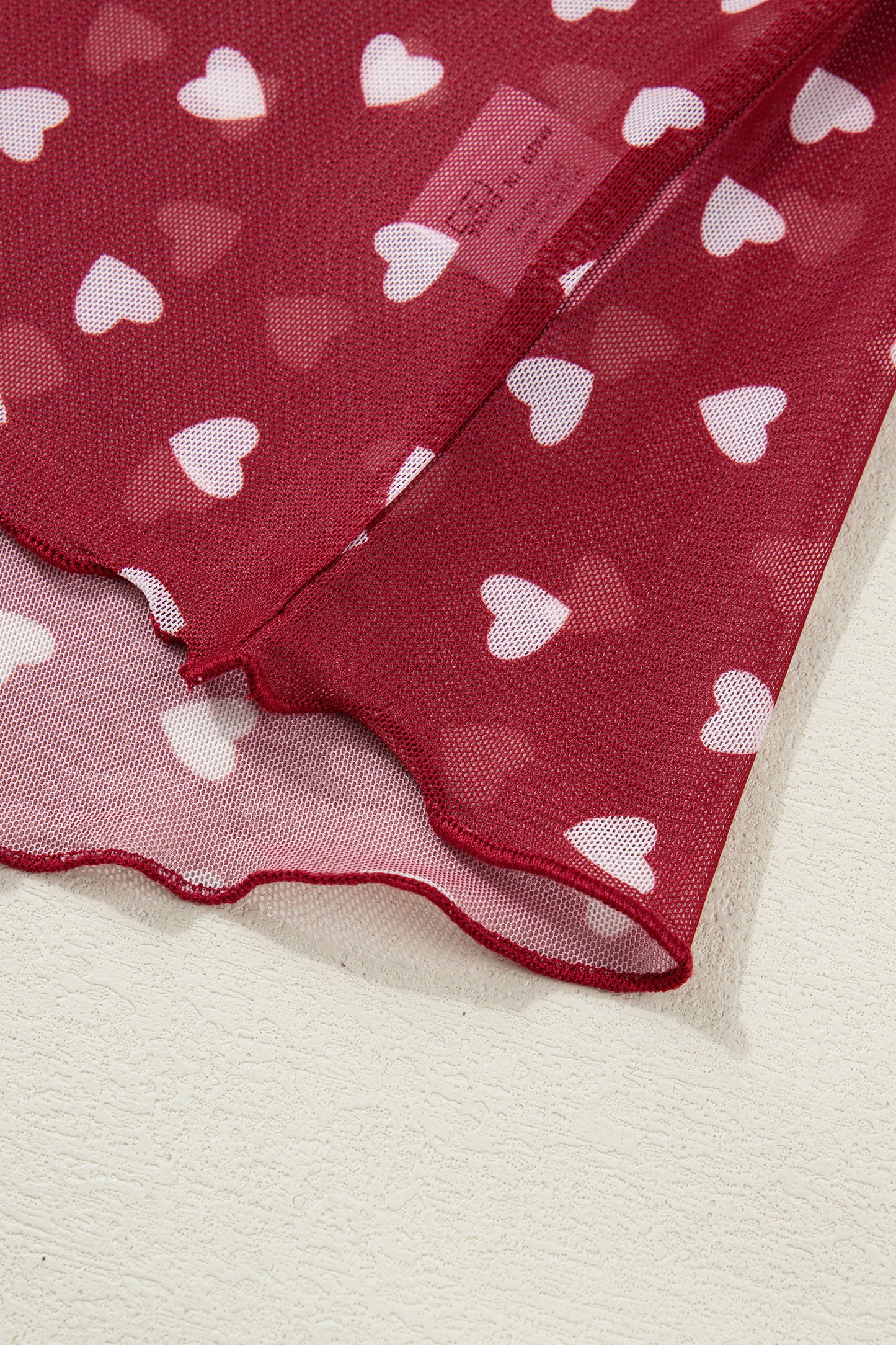 Pink Allover Heart Print Mesh Short Sleeve Top
