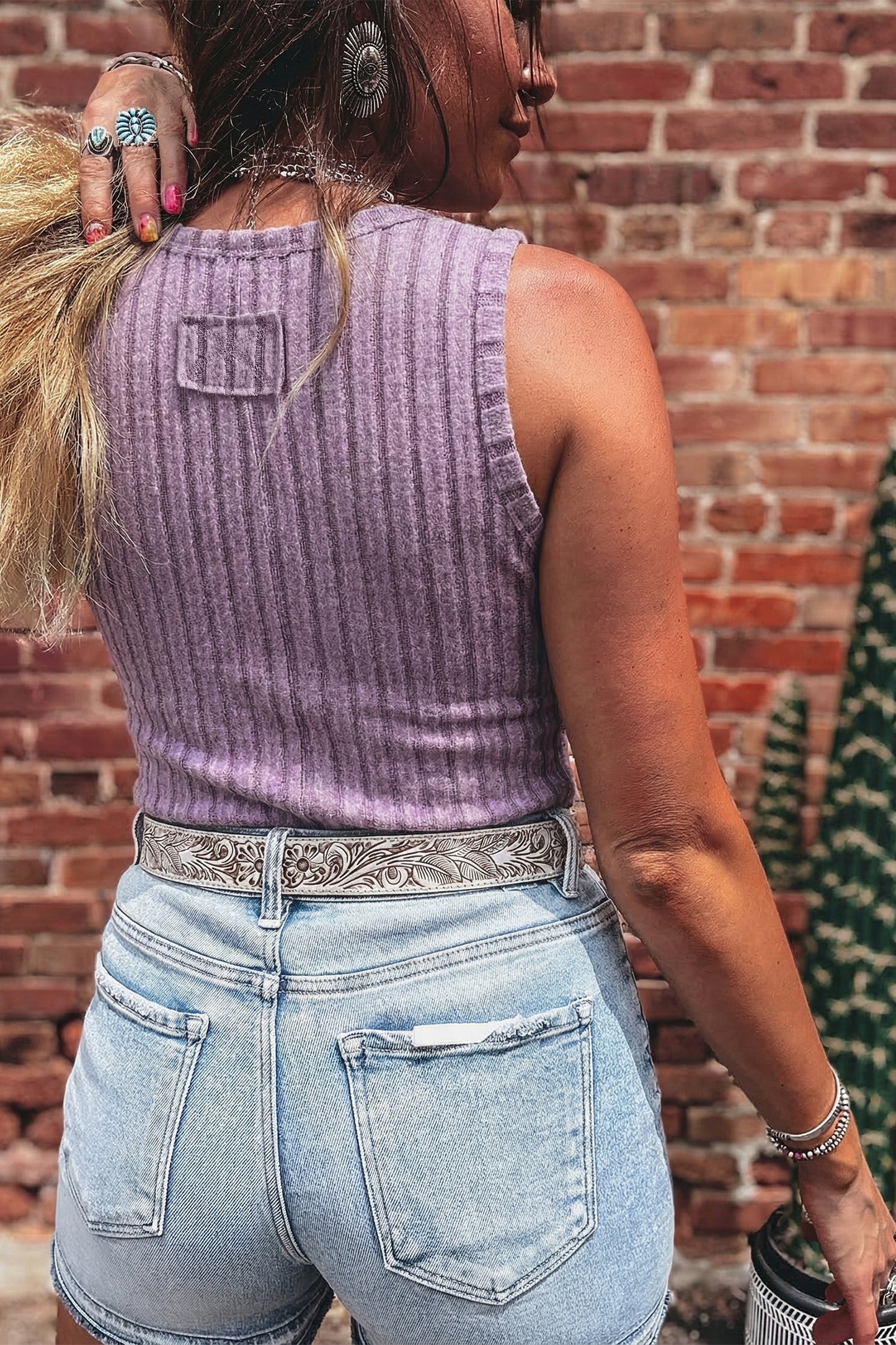 Sky Blue Slim Ribbed Mineral Wash Tank Top