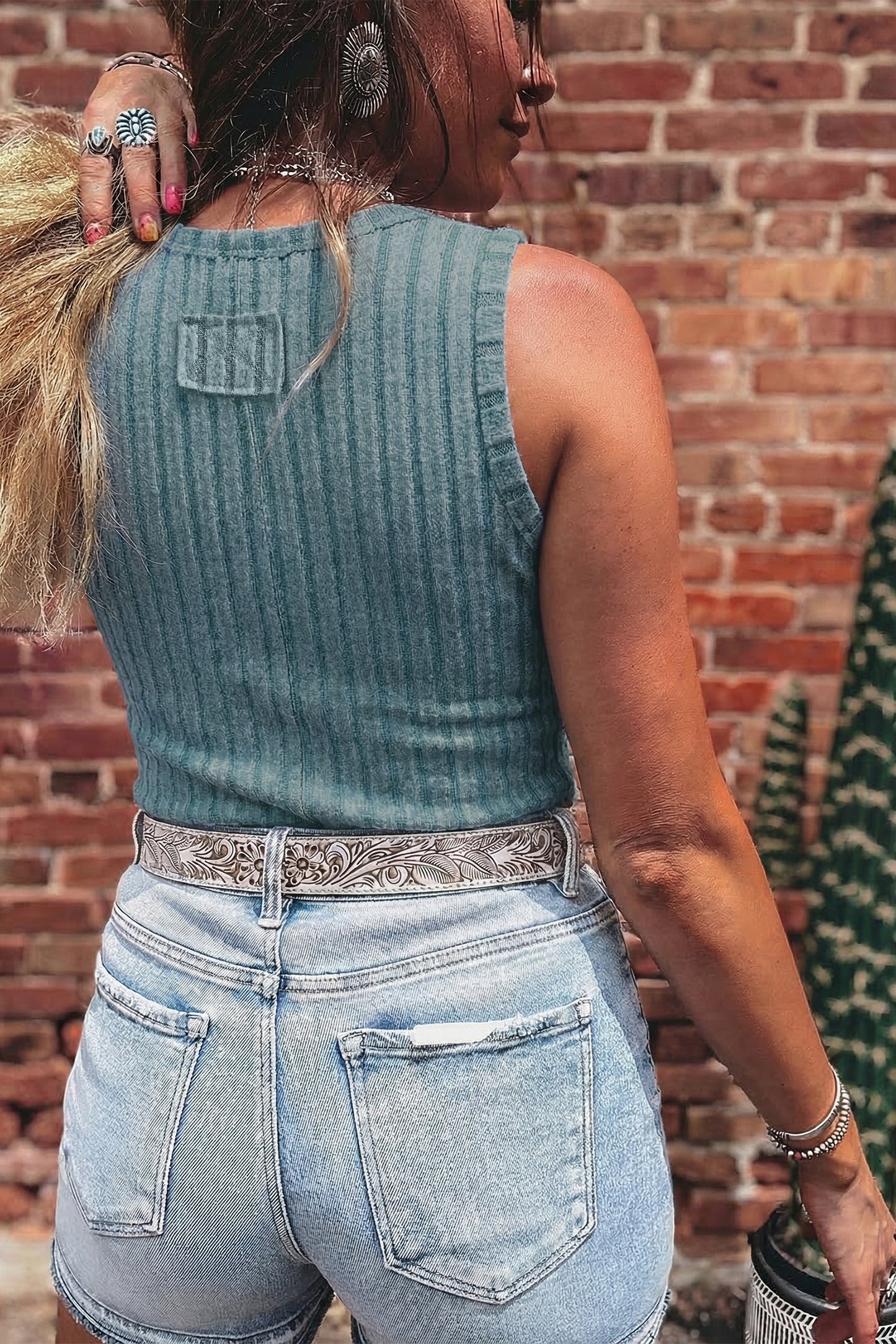 Sky Blue Slim Ribbed Mineral Wash Tank Top